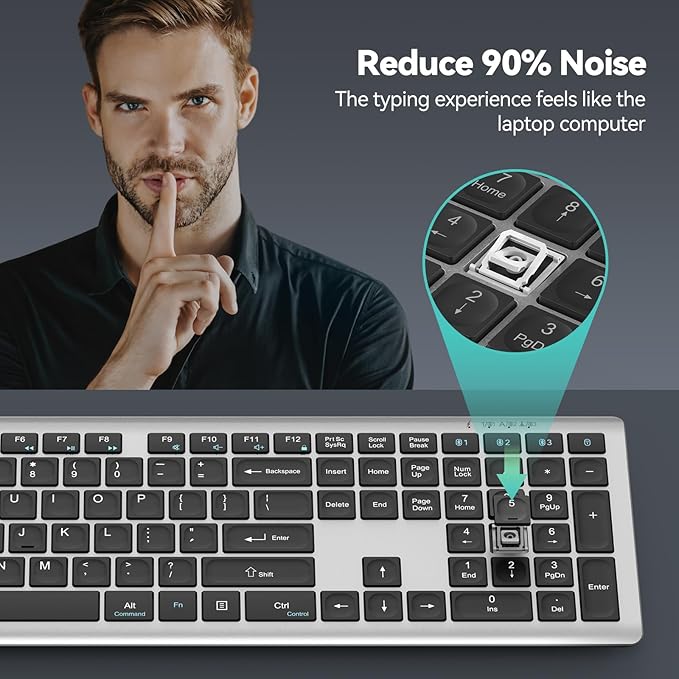 TECKNET Bluetooth Keyboard Rechargeable, 4-Device Free Switching (2.4G+BT), Ultra-Slim Full Size Wireless Keyboard, Quiet Typing, for PC/Laptop/Smart TV/Phone, Adjustable Stand, 12 Multimedia Keys