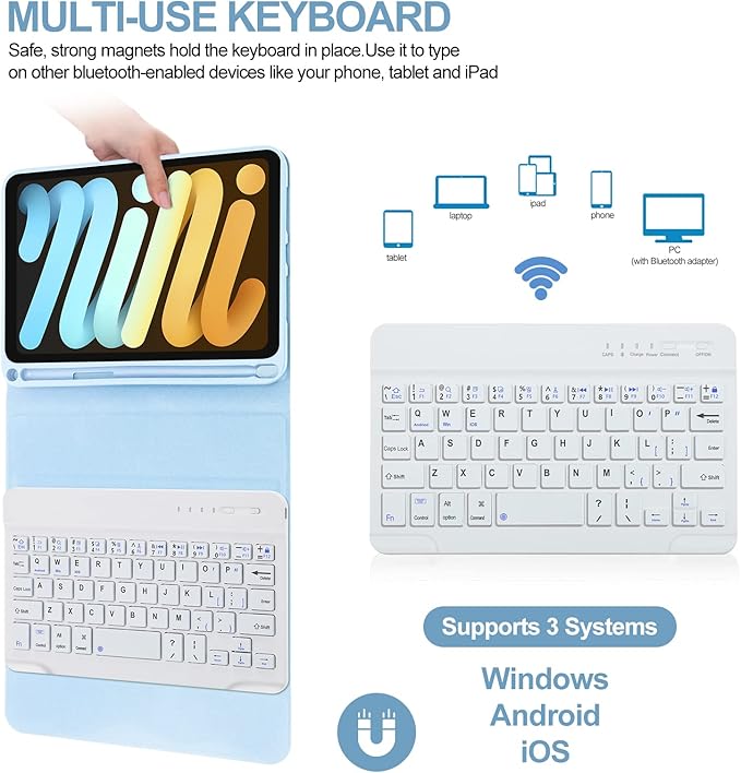 BORIYUAN Keyboard Case for iPad mini (A17 Pro) 7th Generation 2024 / iPad mini 6th Gen 8.3 Inch, Detachable Wireless Bluetooth Keyboard, Soft TPU Back Cover with Build-in Pencil Holder, Sky Blue