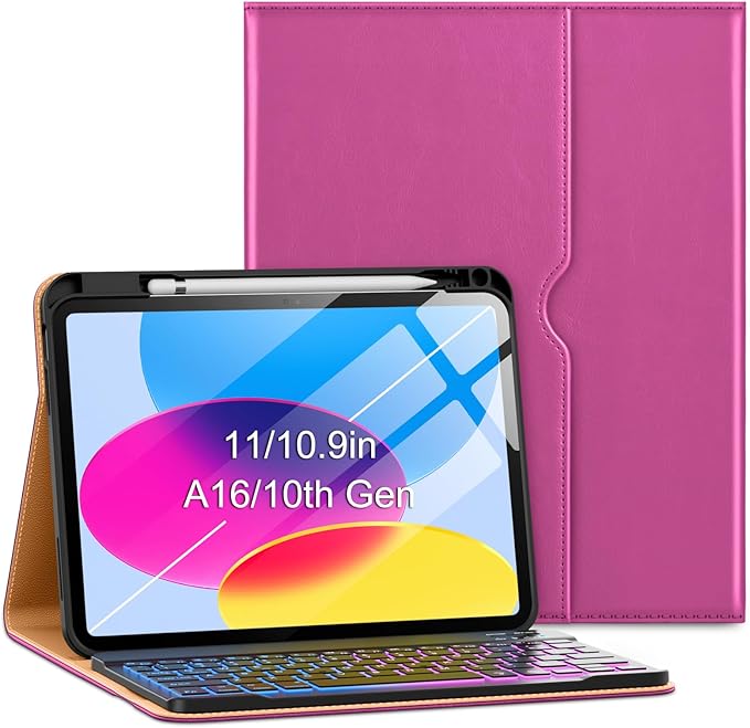 VIKESI Keyboard Case for iPad (A16,2025) 11th Generation/iPad 10th Generation Case (10.9" 2022),Premium Leather Smart Cover,Built-in Breathing Light,Function Row,Pencil Holder,Card Slots - Rose Red