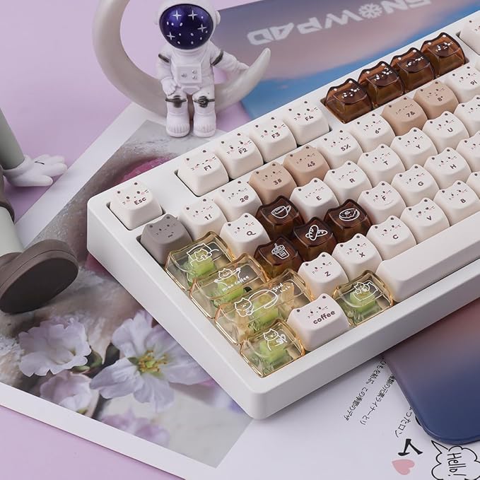 26 Keys Crystal Jelly Personalized Keycaps, PC Material Cute Coffee Cat Transparent Custom Keycaps, Mao Profile Keycap for DIY MX Swithes Mechanical Keyboards