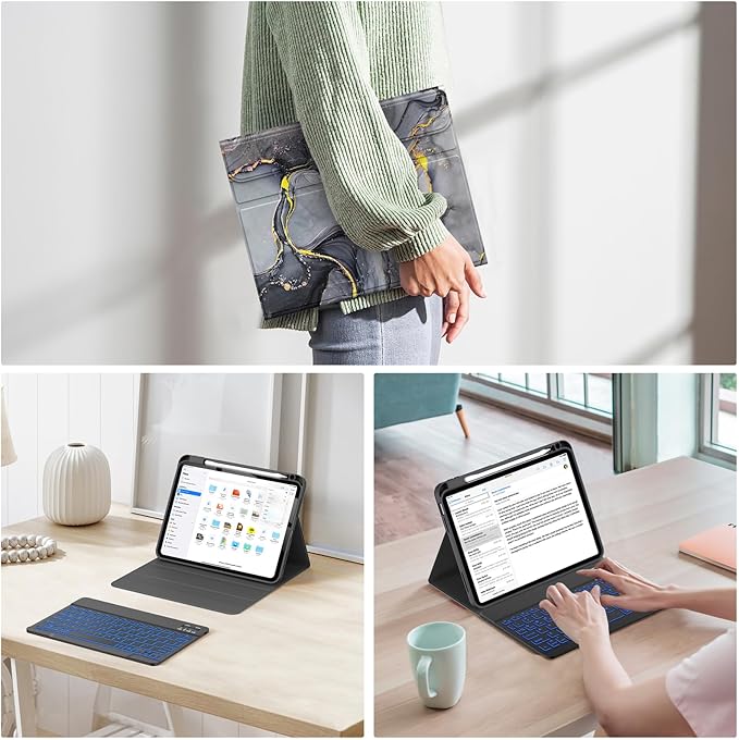 Soke for iPad (A16) 11th/10th Generation Case with Keyboard(2025/2022)-7 Color Backlight Wireless Detachable Folio Keyboard Cover with Built-in Pencil Holder for iPad 11/10.9 inch, Black Marble