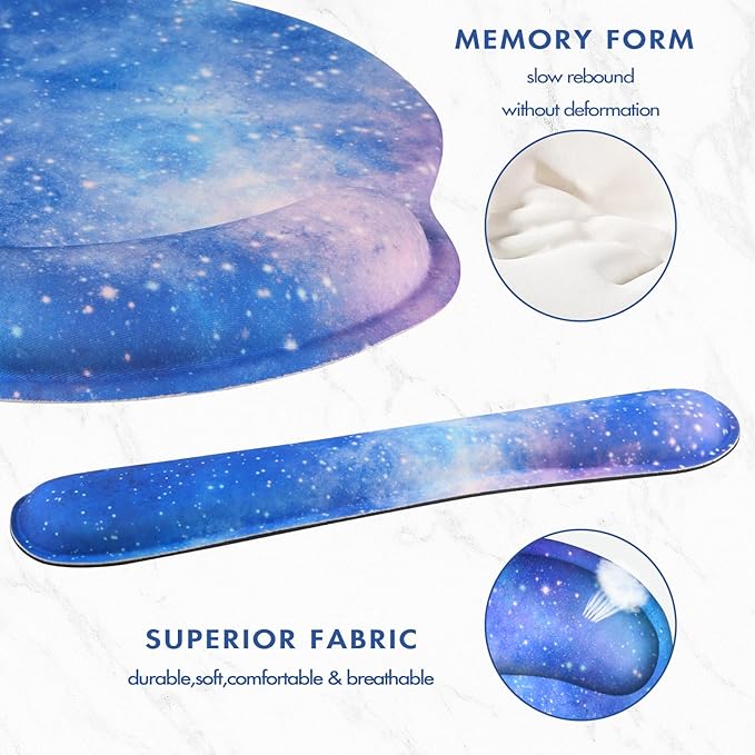 Keyboard Wrist Rest, Ergonomic Mouse Pad Wrist Support, Memory Foam Wrist Rest, Anti-Slip Base, Mousepad with Coaster for Computer Keyboard Office Home, Nebula Galaxy