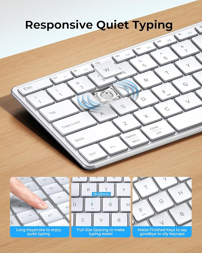 seenda Wireless Bluetooth Keyboard and Mouse Combo, SKM64-3 Rechargeable Slim Quiet Keyboard Mouse, 3 Multi-Device Connection, Compatible for Windows, Mac, MacBook, iPad, Tablet, White Silver