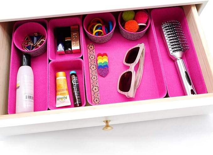 Welaxy Felt Desk Drawer Organizer Trays, 8-Piece Storage Bins for Jewelry, Office Supplies & Entryway Catchall (Hot pink)