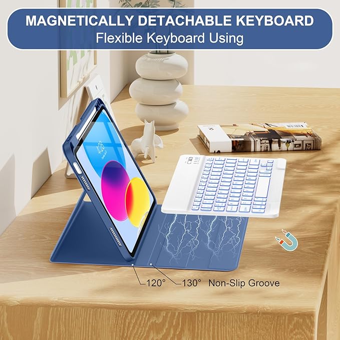 Soke for iPad (A16) 11th/10th Generation Case with Keyboard(2025/2022)-7 Color Backlight Wireless Detachable Folio Keyboard Cover with Built-in Pencil Holder for iPad 11/10.9 inch, Ocean Marble