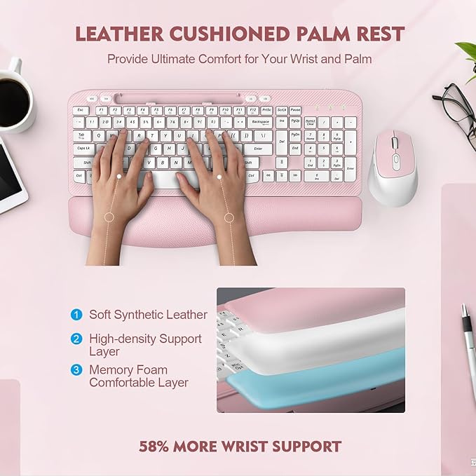 Wireless Keyboard and Mouse Combo, Wave Keys Full-Sized Ergonomic Keyboard with Cushioned Plam Rest, Phone Holder, Comfortable Natural Typing, 2.4G Cordless Set for Computer, Laptop, Pc, Mac, Windows