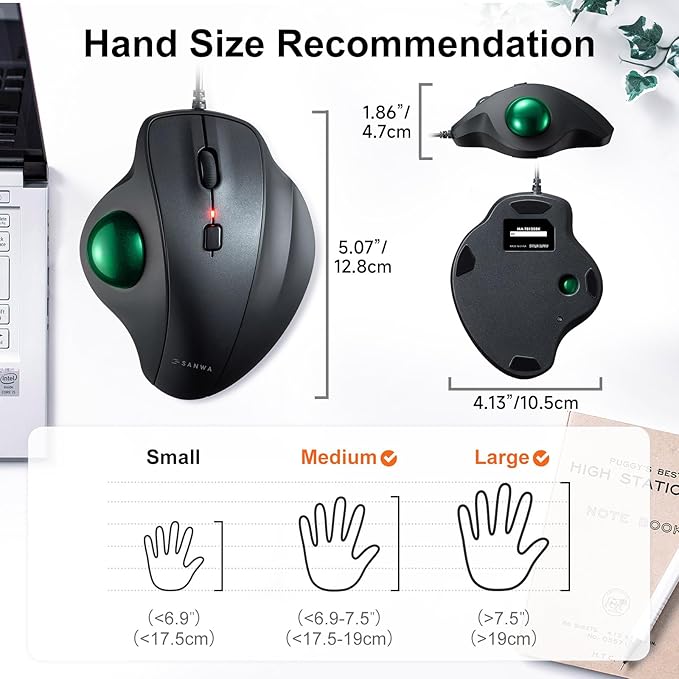 SANWA Wired Ergonomic Trackball Mouse, Optical Vertical Rollerball Mice, Silent Buttons, 34mm Trackball, 600/800/1200/1600 DPI, Compatible with MacBook, Laptop, Computer, Windows, macOS, Green