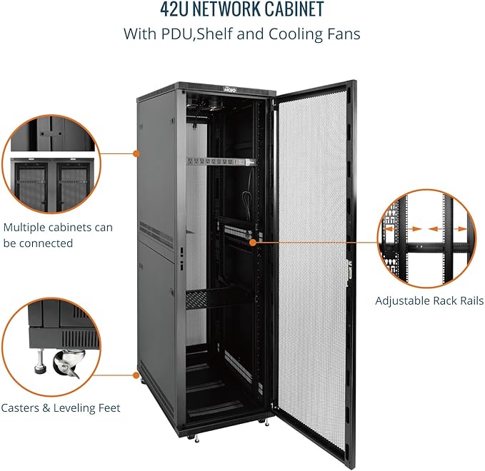 Tecmojo 42U Server Rack Network Cabinet 31.5" D x 23.6" W, Locking Data Cabinet Enclosure for 19" Server, Networking, AV & IT Equipment, Mesh Door, Black