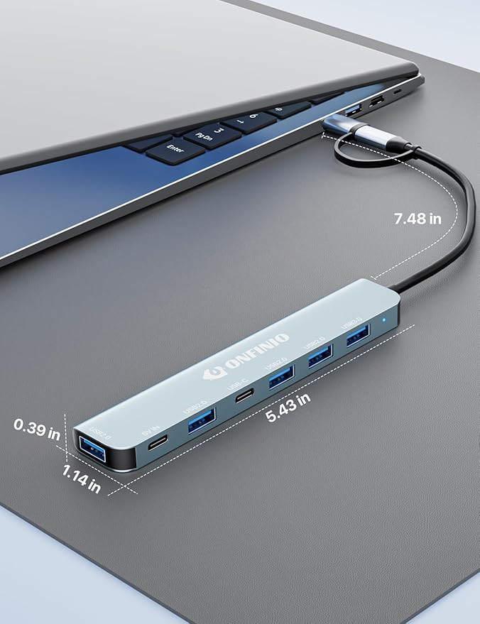 USB C/USB Hub Multiport Adapter,7 in 1 Aluminum USB 3.0 Hub with 1 *USB 3.0, 4*USB 2.0,1*USB C and 1 * 5IN Power Port for PC/Laptop/MacBook/iPad Pro and More Devices