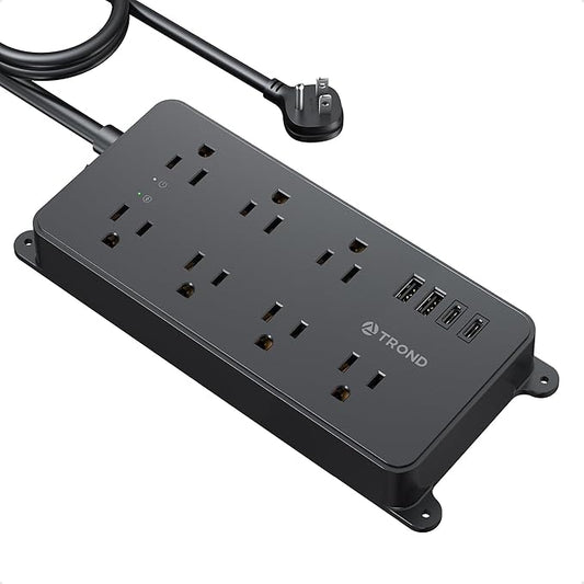 TROND Power Strip Surge Protector 10ft, ETL Listed, Flat Plug Extension Cord with 2 USB-A & 2 USB-C, Wall Mountable, 7 Widely-Spaced Outlets, 1700J, for Home Office Garage, Black