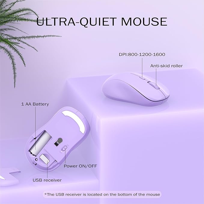 Wireless Keyboard and Mouse Combo, 110 Round Quiet Keys, Adjustable Optical Mouse, Share 1xUSB Receiver, Power Switch, for Windows Mac(Purple)