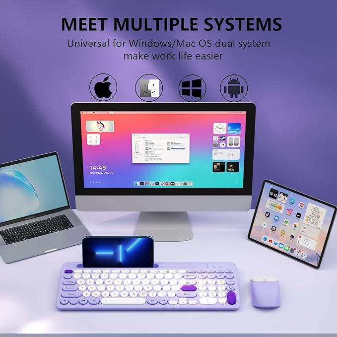 Bluetooth Keyboard and Mouse Wireless, Multi-Device Rechargeable Keyboard and Mouse Combo with Phone Holder (Bluetooth 5.0+3.0+2.4GHz) Quiet Ergonomic Compatible with Mac/Windows/iOS/Android