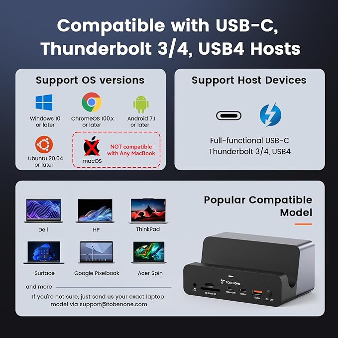 TobenONE 18-in-1 Triple 4K@60Hz Monitor Docking Station with 150W Power Supply, USB C Laptop Docking Station Stand(Single 4K@144Hz), 2.5Gbps Ethernet, 2 HDMI & DP, 8 USB, for Windows&ChromeOS