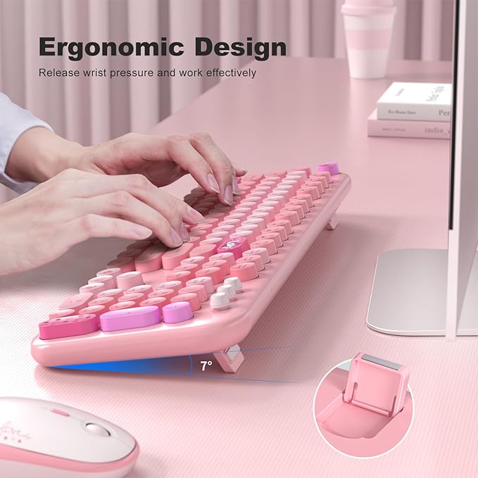 KNOWSQT Wireless Keyboard and Mouse Combo - Lovely Pink Rainbow 2.4G Full-Sized Colorful Keyboards, Round Keycap USB Dongle Plug Play Cute Keyboards for Windows, Laptop, PC, Desktop, Mac