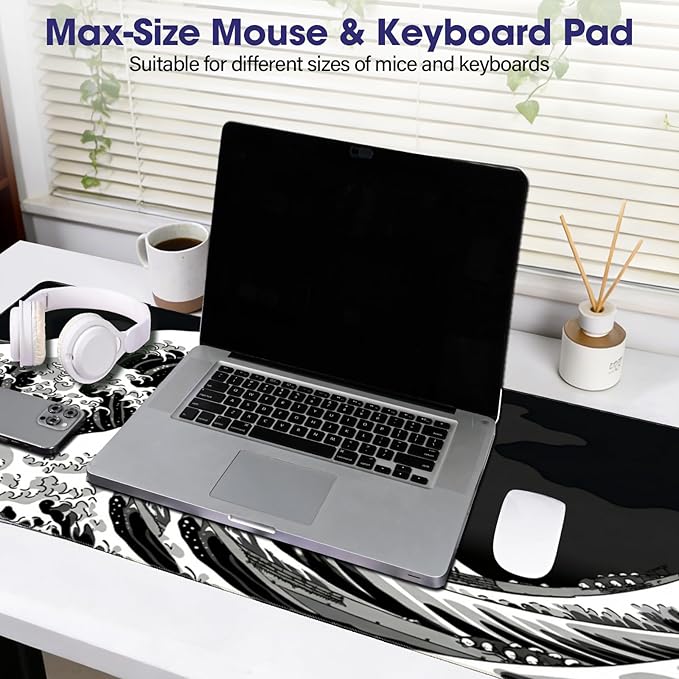 LifetimeWarrantly Japanese Sea Wave Large Gaming Mouse Pad – 35.4" x 15.7" Full Desk Mat, Non-Slip Rubber Base, Stitched Edges, Waterproof, Durable Surface for Esports, Office, Home