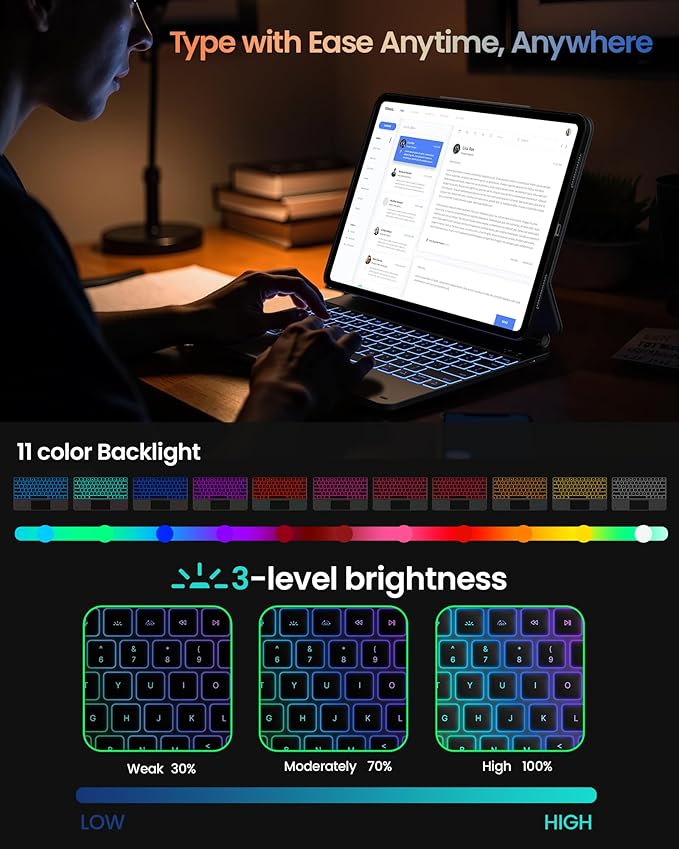 typecase Edge+ Keyboard Case for iPad Air 13"(M4/M3/M2, 2026/2025/2024) & iPad Pro 12.9"(3/4/5/6th Gen), Ultra-Slim Detachable Case, Portrait & Typing Modes, 11-Color Backlight, Magnetic Stand, Black