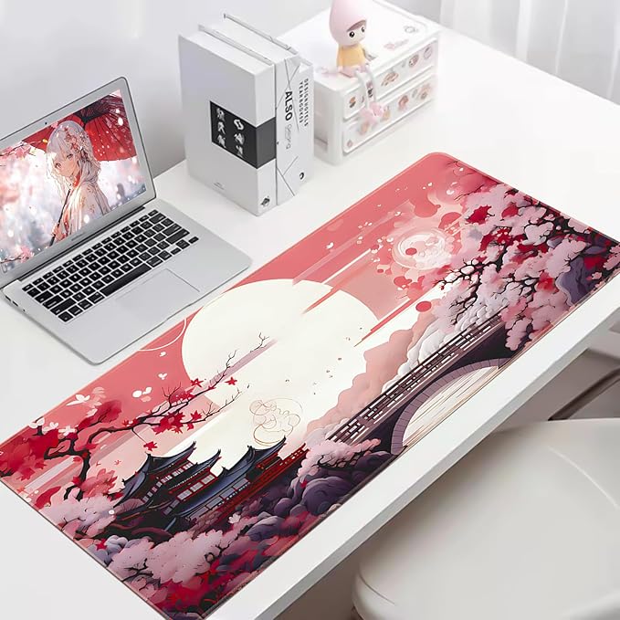 Japanese Large Gaming Mouse Pad 35.4 x 15.7 in Computer Mouse Pad Anime Gaming Mousepad, Expanded Architecture Cute Desk Pad with Nop-Slip Suitable for Home Office