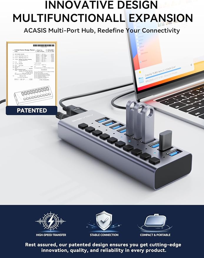 Powered USB 3.2 Hub, ACASIS 10 Ports USB 3.2 Hub with 10Gbps Data Speed, Aluminum Housing, USB Hub Powered with 48W Power Adapter, USB Hub for PC/Laptop, Computer, Flash Drive, Printer, Camera