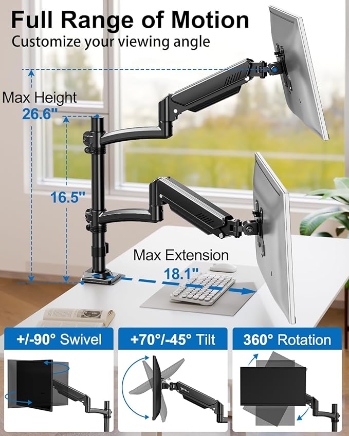 Dual Monitor Stand for Computer Screen up to 32", Taller Monitor Arms Holds 22 lbs Each, Dual Monitor Desk Mount, Height Adjustable Gas Spring VESA Mount with C-clamp Grommet Mounting, Black, Freelift