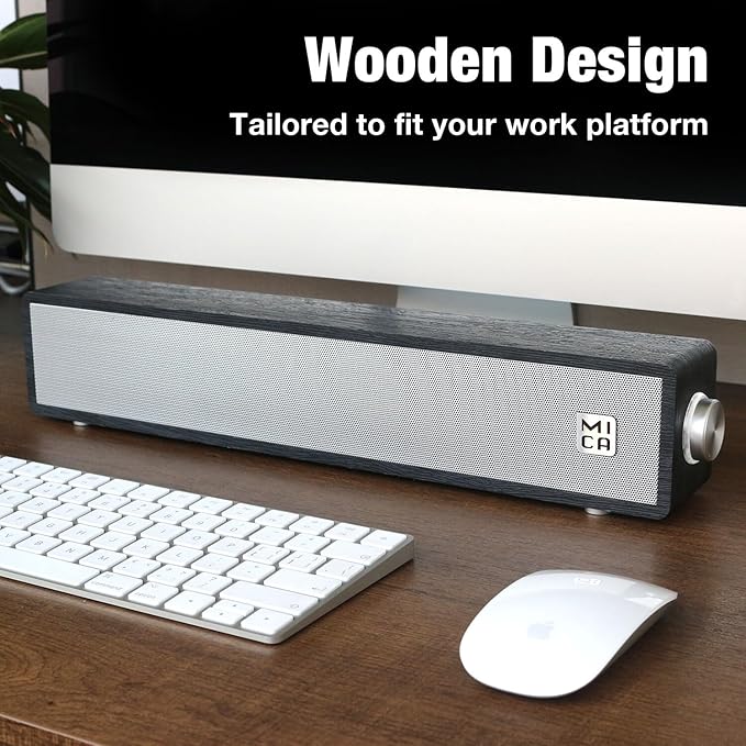 MICA Computer Speakers, Vintage Wired Computer Sound Bar, Retro Wooden Mini Soundbar, 3.5mm Aux Connection, USB Powered PC Speakers for Desktop Monitor, Laptop, Tablets (Black)