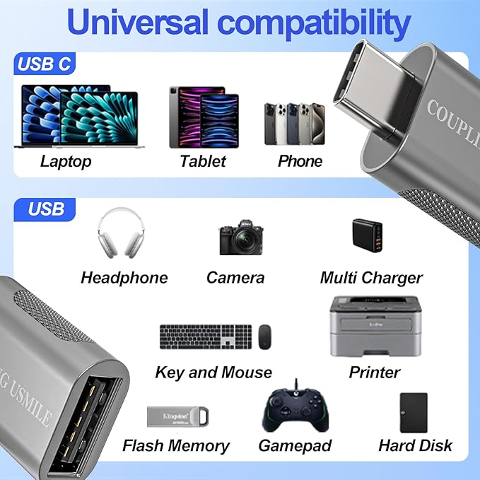 USB C to USB Adapter 4-Pack, 10Gbps High-Speed Type C to USB 3.0 Adapter with OTG, Compatible with MacBook/iPhone 17/16/15/14, iPad, Chromebook, Galaxy S25/S24 (Silver)