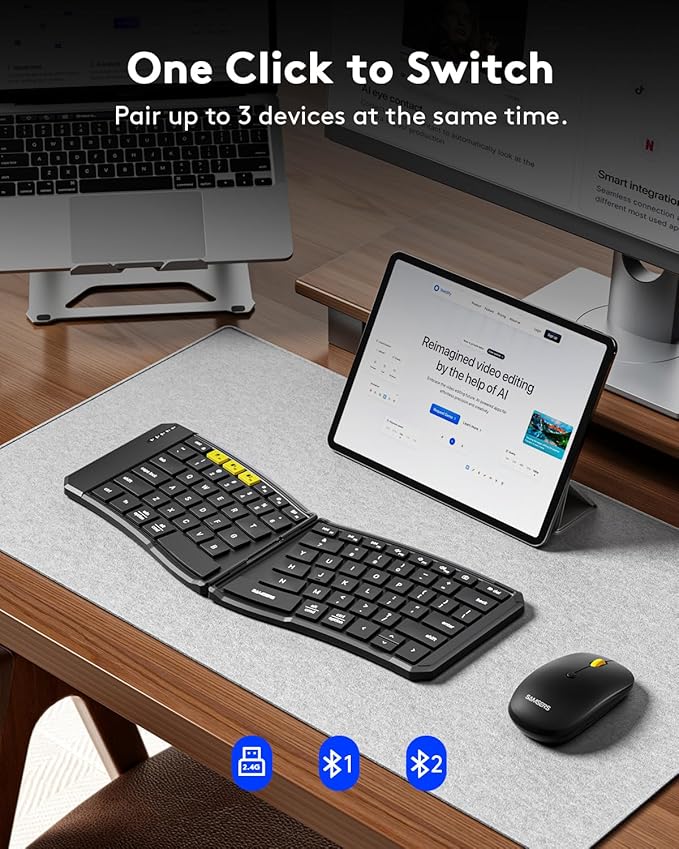 Ergonomic Foldable Keyboard and Mouse, Samsers KM09 Split Folding Bluetooth Keyboard Combo, 2.4G + BT5.0 x2, 6-Row Layout Portable Travel Keyboards & USB-C Wireless Mouse for iOS Android Windows MacOS