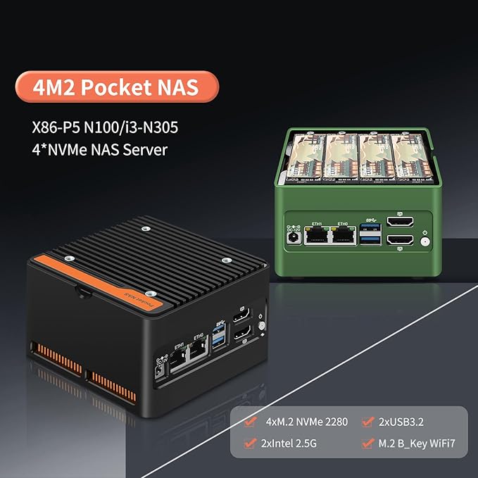 4 x NVMe Mini NAS Server, 4 Bay NAS i3-N305 Pocket PC with Dual i226-V 2.5GbE LAN,Dual HDMI 2.0,USB3.2 Gen2,Support BT5.4/WiFi6/WiFi7 (i3-N305, NO RAM NO SSD)