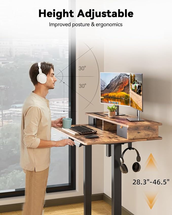 JOY worker Small Electric Standing Desk, 35" x 25" Height Adjustable Desk with Built-in Monitor Stand & Storage Drawer, Sit Stand Desk with 2 Hooks for Home Office, Rustic Brown