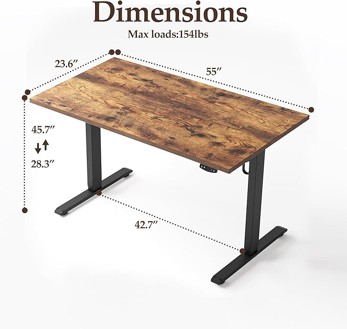 Klicelor 55 Inch Large Electric Standing Desk, Height Adjustable Office Desk, Sit Stand Up Computer Gaming Desk with Memory Preset, Two-Piece Desktop, Rustic Brown