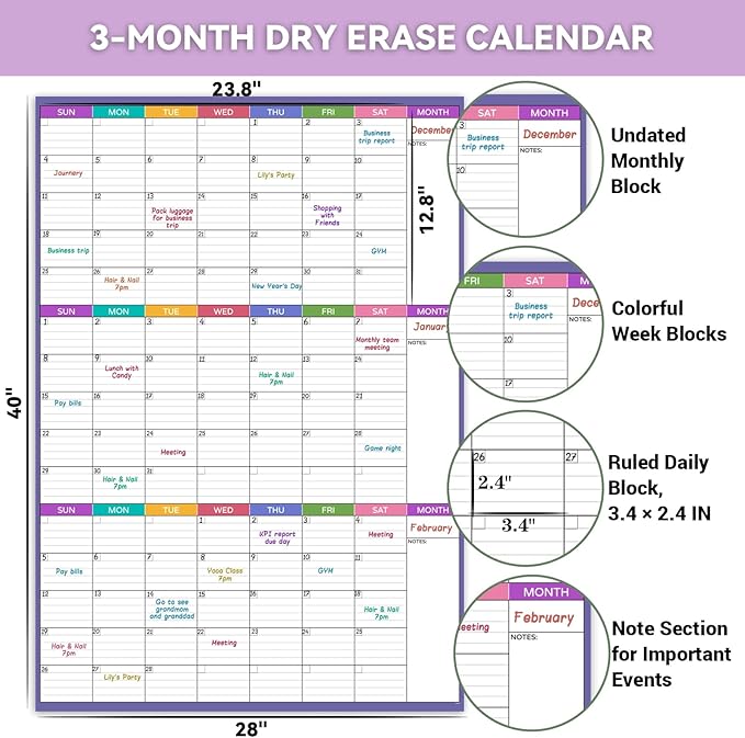 Large Dry Erase Calendar For Wall - Undated 3 Month Calendar, 28'' x 40'', Erasable & Reusable Laminated White Board With 8 Round Stickers, Vertical Layout for Office, Classroom and Home