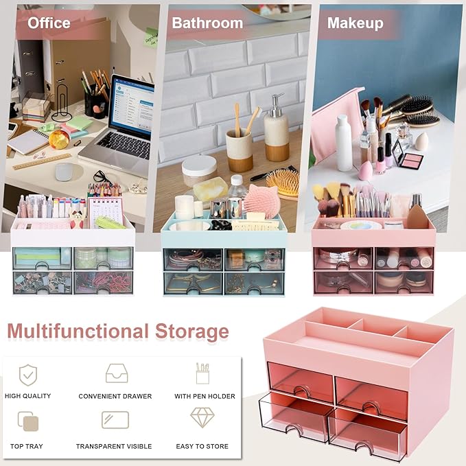 Desk Organizer, Office Organizer with Drawer, Desk Accessories & Workspace Organizers, Pen Holder Office Supplies for Desk (4 Drawers+4 Compartments, Pink)