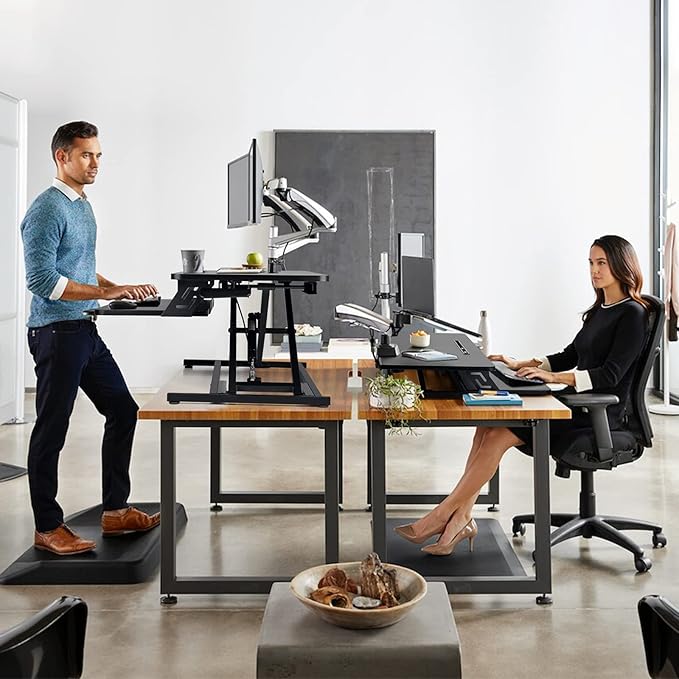 Standing Up Desk Converter 32" Height Adjustable Sit Stand Desk with Removable Keyboard Tray, Large Desk Riser Ergonomic Gas Spring Dual Monitor Workstation for Home Office