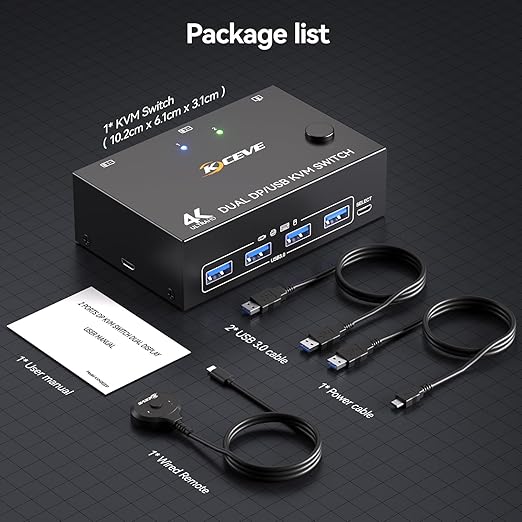 Displayport KVM Switch 2 Monitors 2 Computers 8K@30Hz 4K@144Hz, USB3.0 Dual Monitor KVM Switch for 2 Computers Share 2 Monitors and 4 USB Peripherals,with Wired Remote and 2 USB Cable ﻿