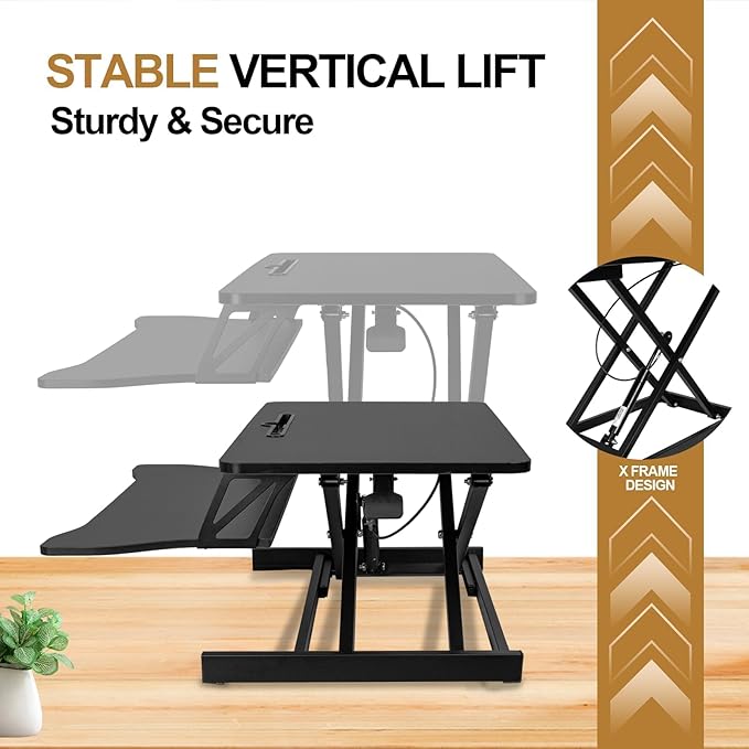 Standing Desk Converter 32” Height Adjustable Sit to Stand Up Desk Riser with Keyboard Tray for Home or Office, Dual Monitor and Computer Workstation Wide 2-Tier Desktop, Black
