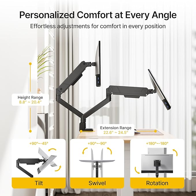 monTEK Dual Monitor Mount Monitor Arms for 2 Monitors for 17 to 35 Inch Curved Screen Holds 35 Lbs Adjustable Heavy Duty Monitor Desk Mount Cable Management, VESA 75/100mm