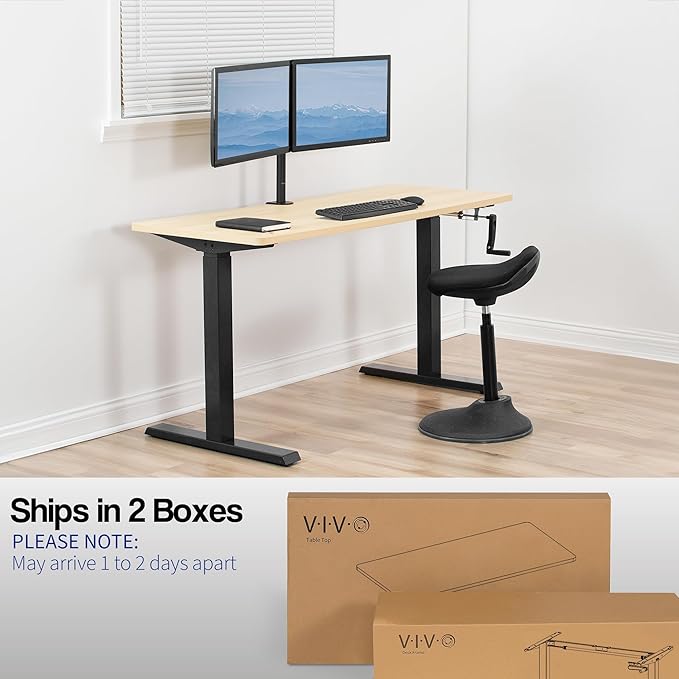 VIVO Manual Height Adjustable 60 x 24 inch Stand Up Desk, Light Wood Solid One-Piece Table Top, Black Frame, Standing Workstation with Foldable Handle, DESK-KIT-MB6C