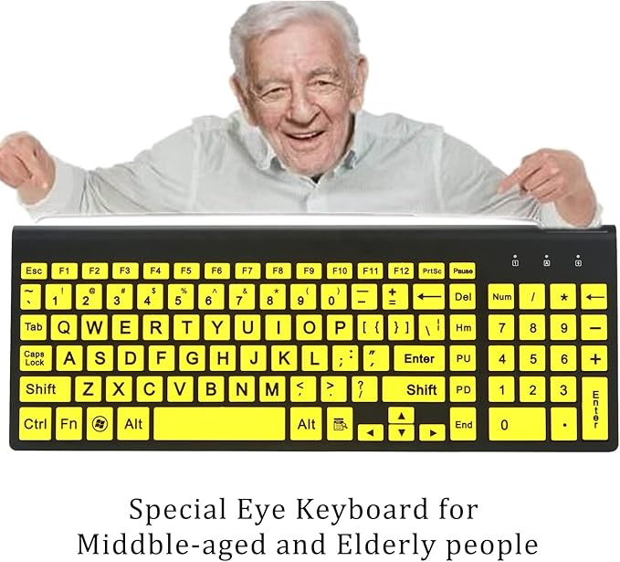 Full Size Large Print 2.4g Wireless Keyboard and Mouse with Oversized Print for Visually Impaired Low Vision Individuals (Yellow)