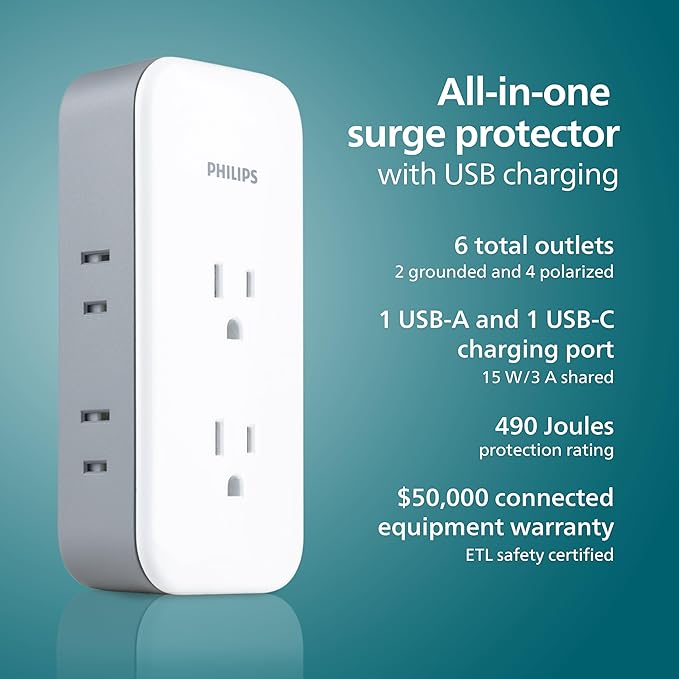 Philips All-in-One Surge Tap with USB, 2 Grounded & 4 Polarized Outlets, 1 USB-C & 1 USB-A Port (15W Shared), 490 Joules, ETL Certified, White/Gray, SPP3503GW/37