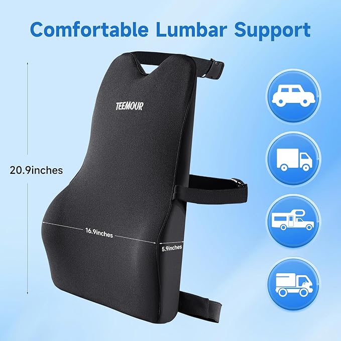 Teemour Lumbar Support Pillow for Car Truck Accessories Memory Foam Back Cushion for Driving Seat Lower Back Support, Lumbar Comfort for Long Drivvers Back Pain Relief, with Three Adjustable Straps