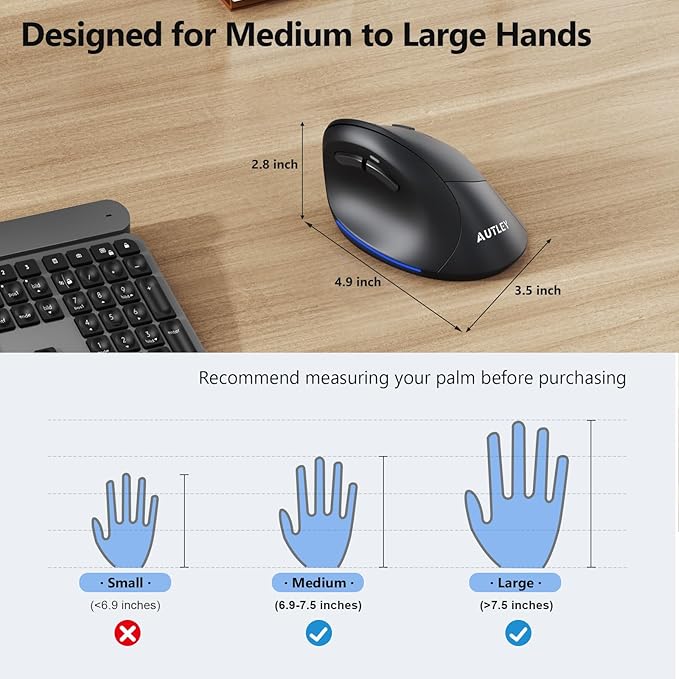 AUTLEY Ergonomic Mouse for Large Hands, Rechargeable Vertical Mouse, 2.4GHz Wireless Computer Mouse for Windows/macOS - 6 Buttons, Low Power Warning, 800/1200/1600 DPI, Black