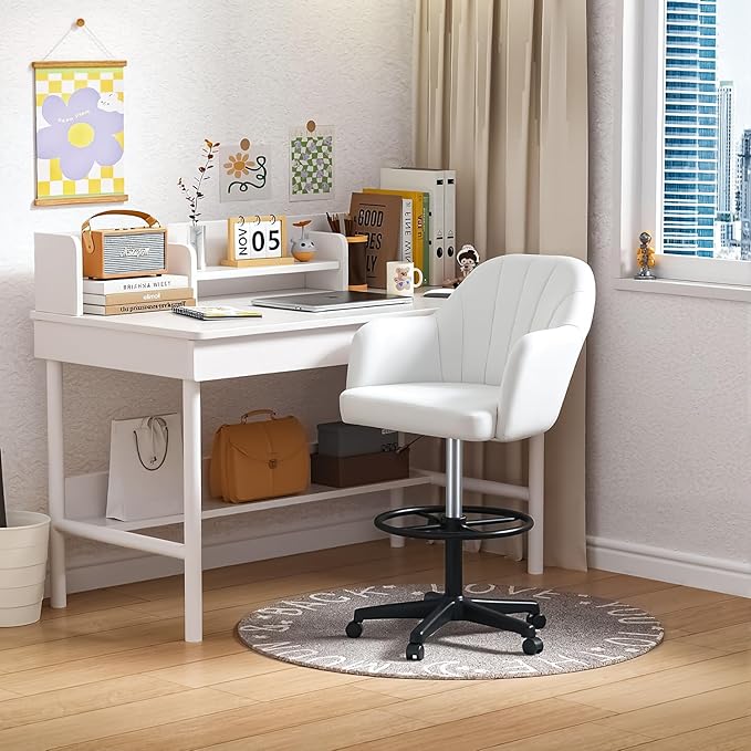VECELO Drafting Chair with Height-Adjustable, Lumbar Support and Footrest, for Standing Desk Bedroom Vanity Office Living Computer Room, White