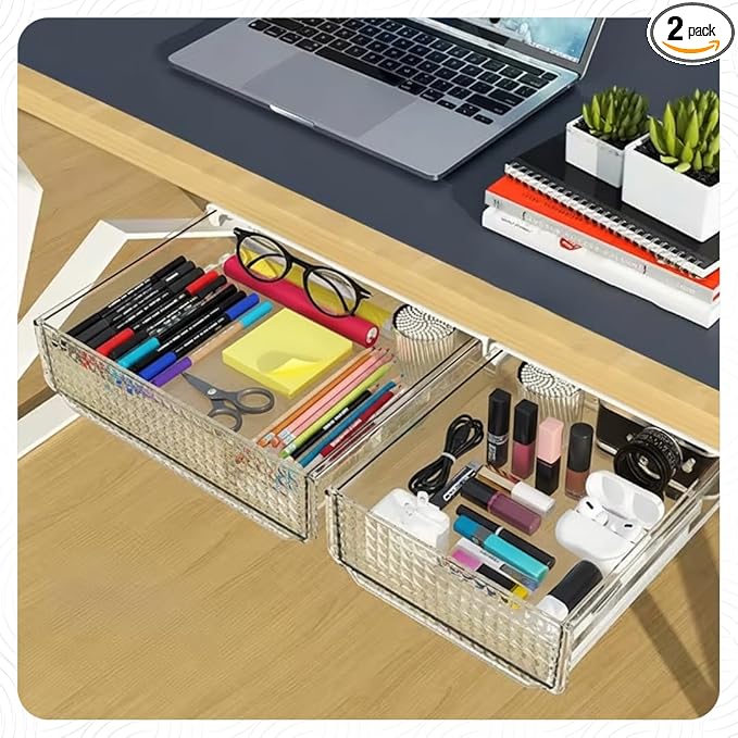 Slide and Stash Under Desk Drawers Office Organizer 2-Pack Small and Medium – Office Organization Drawer Slides Include Adhesive Tape – Easy DIY Installation for Desk Organization, Cupboard, Wardrobe