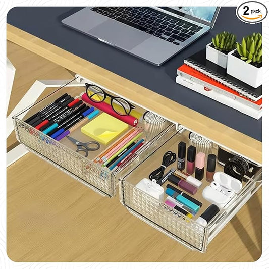 Slide and Stash Under Desk Drawers Office Organizer 2-Pack Small and Medium – Office Organization Drawer Slides Include Adhesive Tape – Easy DIY Installation for Desk Organization, Cupboard, Wardrobe