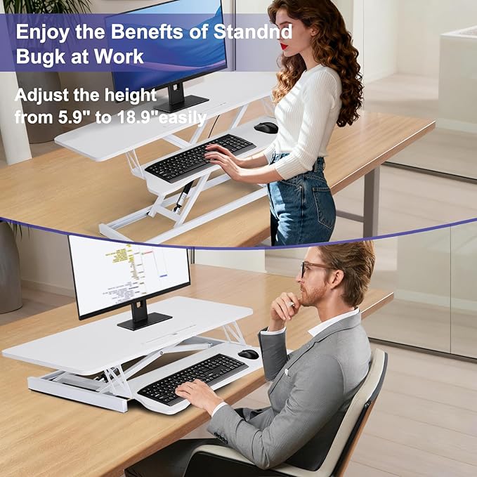 38-Inch Height Adjustable Standing Desk Converter, Duals Monitor & Laptop Riser with Wide Keyboard Tray, Sit to Stand Ergonomic Workstation for Home Office, School, Business, White