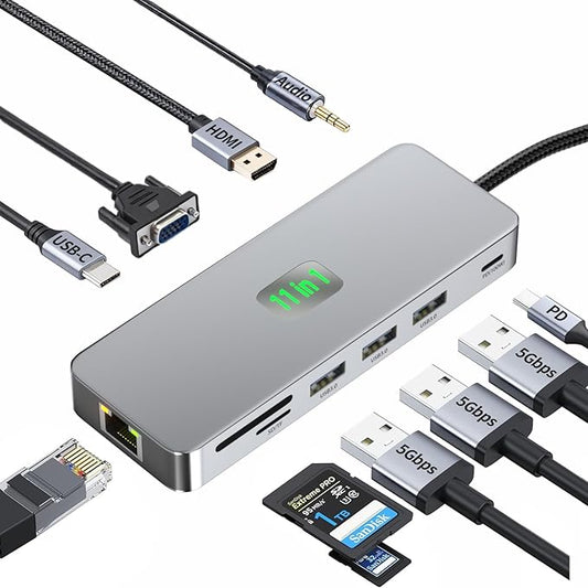 USB C Docking Station Dual Monitor 11 in 1, 4K@60Hz HDMI & DisplayPort Hub with Gigabit Ethernet, 100W PD, USB 3.0, USB C, SD/TF Card Reader, Compatible with MacBook, Dell, HP, Lenovo, Surface
