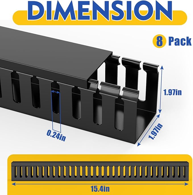 Open Slot Wiring Raceway Cable Duct, 123in Cable Management Channel Cord Track,Desk Wire Channel, Under Desk Cable Management to Hide Cables, Wires for Computers (Black, 1.97" Hx1.97"W, 15.4''L(8 Pc))