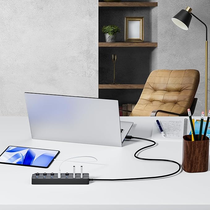 USB Hub 3.0, 7-Port USB Hub Splitter with Individual On/Off Switches and Lights, 3.2ft/1m Long Cable Compatible with MacBook, Laptop, Surface Pro, PS4, PC, Flash Drive, Mobile HDD-Gray