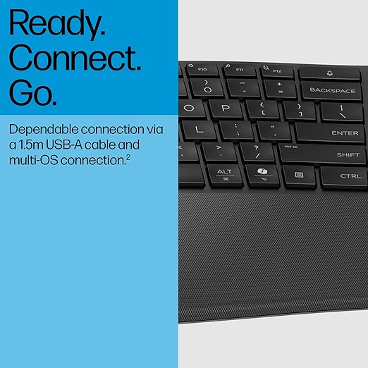 HP 480 Comfort Wired Keyboard - Plug & Play Keyboard, Connect to PC or Laptop with USB-A Cable - Windows, MacOS, & ChromeOS Compatible - 3 Adjustable Angles & 23 Programmable Keys Responsibly Made