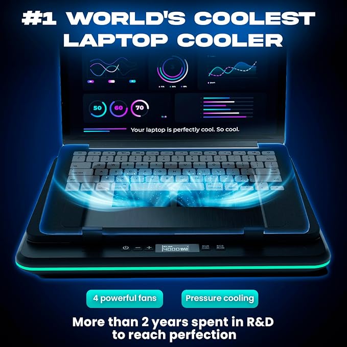 KLIM Turbofrost Gaming Laptop Cooling Pad - 4 Powerful Turbo Fans - 4 x 4000 RPM, Dynamic RGB, 4-Ports USB, Laptop Cooler 2 Power Modes USB-C/DC, Sealed Foam for Fast Cooling - Up to 17in - Black