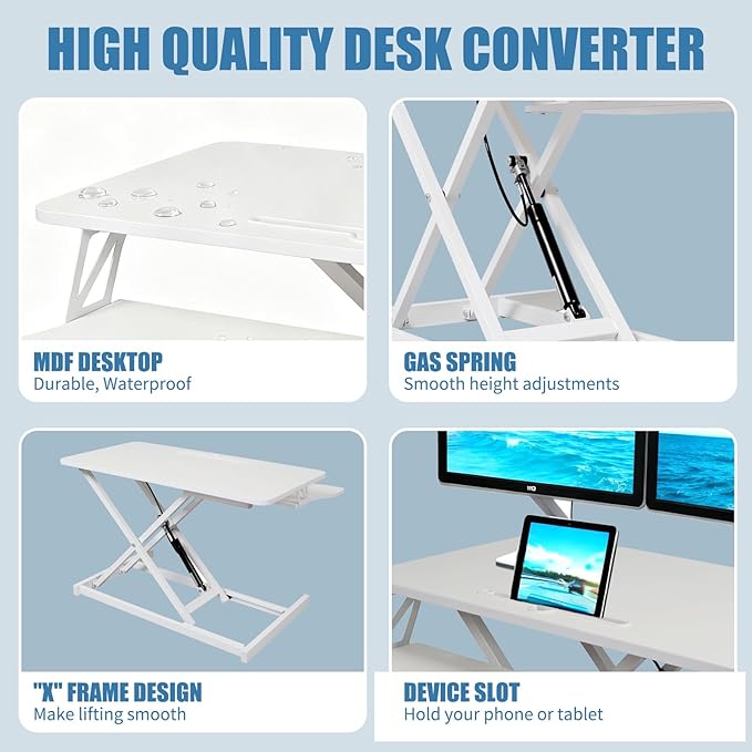 Standing Desk Converter, Height Adjustable Sit to Stand Riser, Dual Monitor and Laptop Workstation with Wide Keyboard Tray, Desk Lifter for Home Office